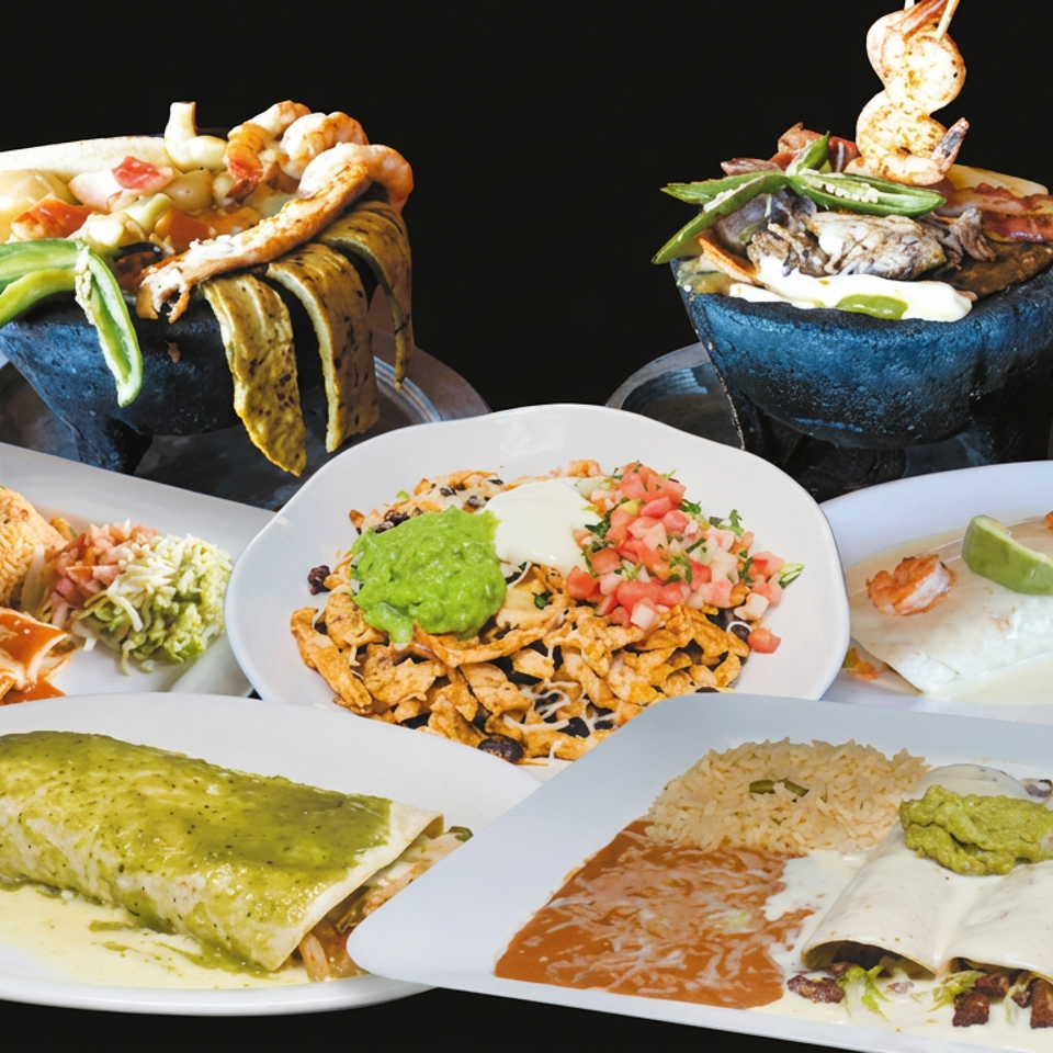Assorted Mexican dishes, including enchiladas, burritos, nachos, rice, beans, seafood, and grilled meats, arranged on white plates.