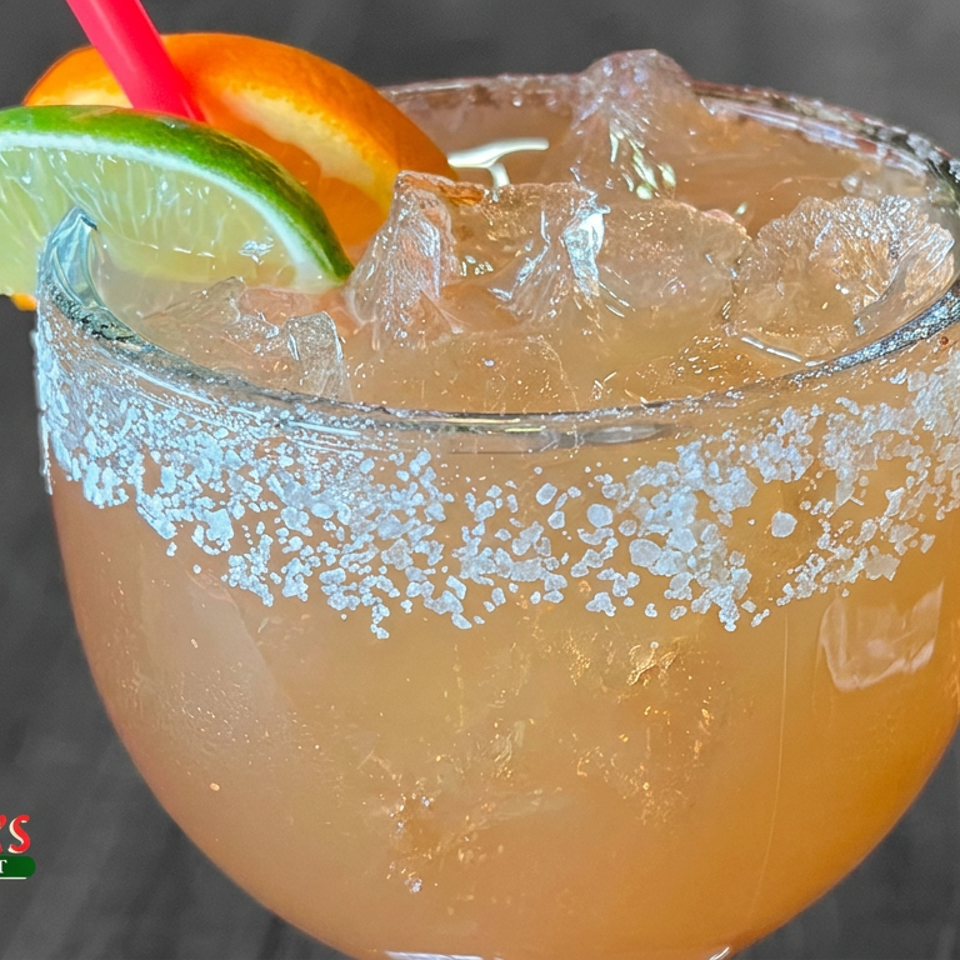 Salt-rimmed orange margarita with ice, lime and orange garnishes, and a red straw from Margarita’s Mexican Restaurant.