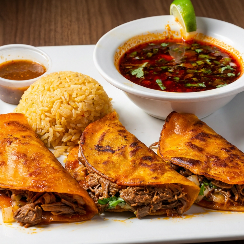 Three crispy birria tacos with shredded beef, seasoned rice, consommé, and lime on a white plate.