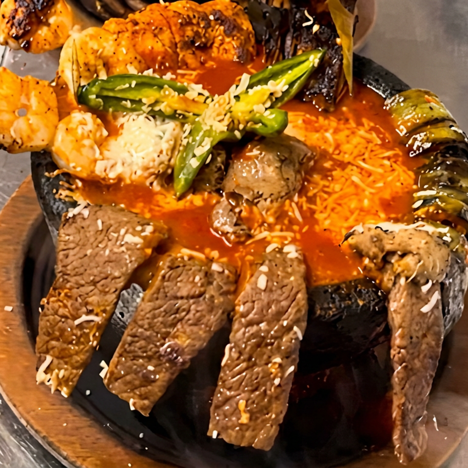 Sizzling platter of grilled steak, shrimp, vegetables, and rice topped with green peppers in red sauce.