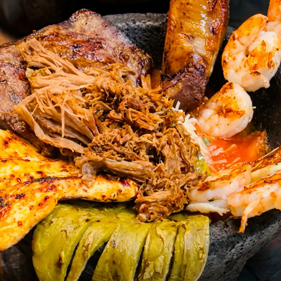 Grilled steak, shredded meat, shrimp skewers, avocado, and cheese served on a sizzling black stone platter.