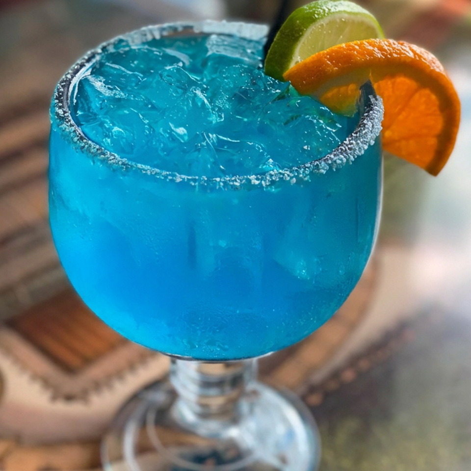 Blue iced cocktail in a salt-rimmed glass, garnished with lime and orange slices, sits on a rustic wooden table.